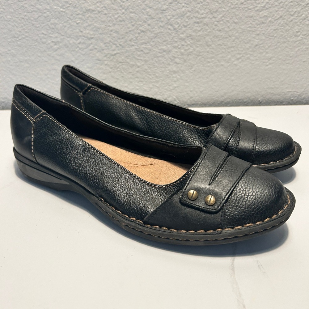 Clarks Collection Womens 9 Black Leather Cushion Soft Flats 261106364065